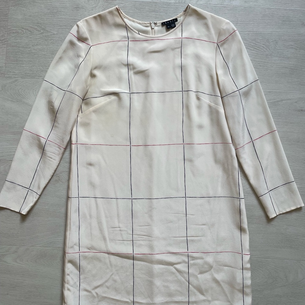 Theory Cream Windowpane Shift Dress with Navy & Red Lines